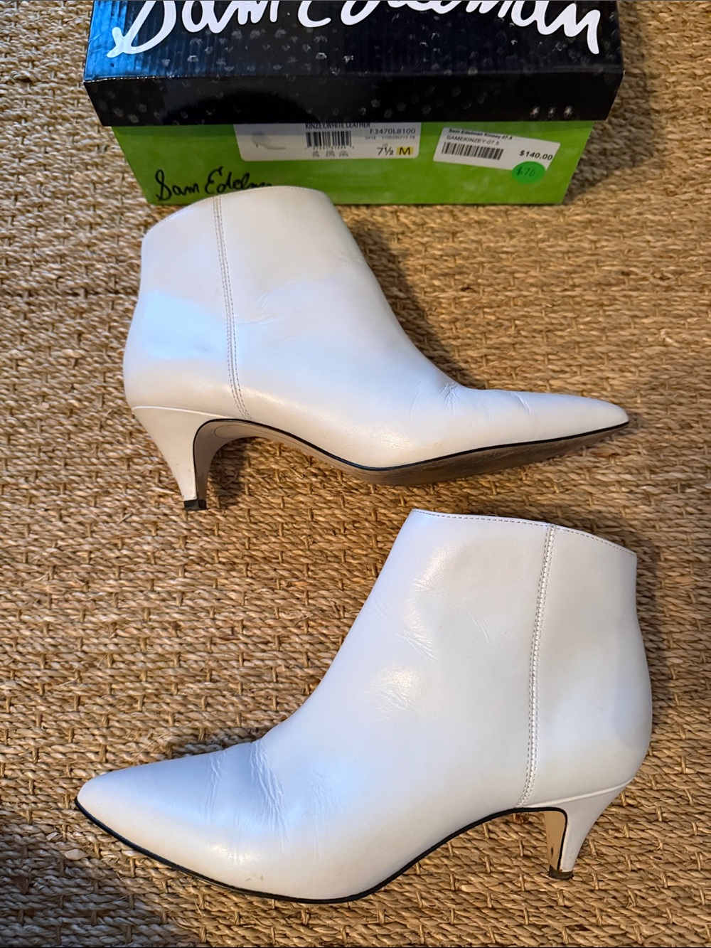 Sam Edelman Kinzey White Leather Pointed-Toe Kitten Heel Ankle Boots